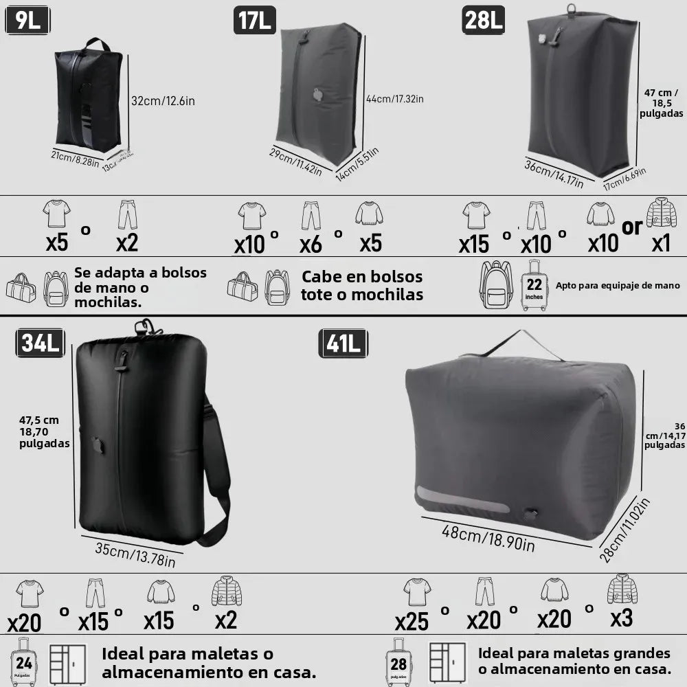 Bolsas de Vacío para Viaje – Ahorra Espacio en tu Maleta + Organizador de Ropa Impermeable y Hermético