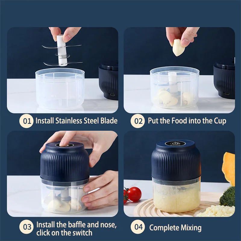 Picadora Eléctrica Mini USB Recargable 250ml | Tritura Ajo, Verduras y Más en Segundos