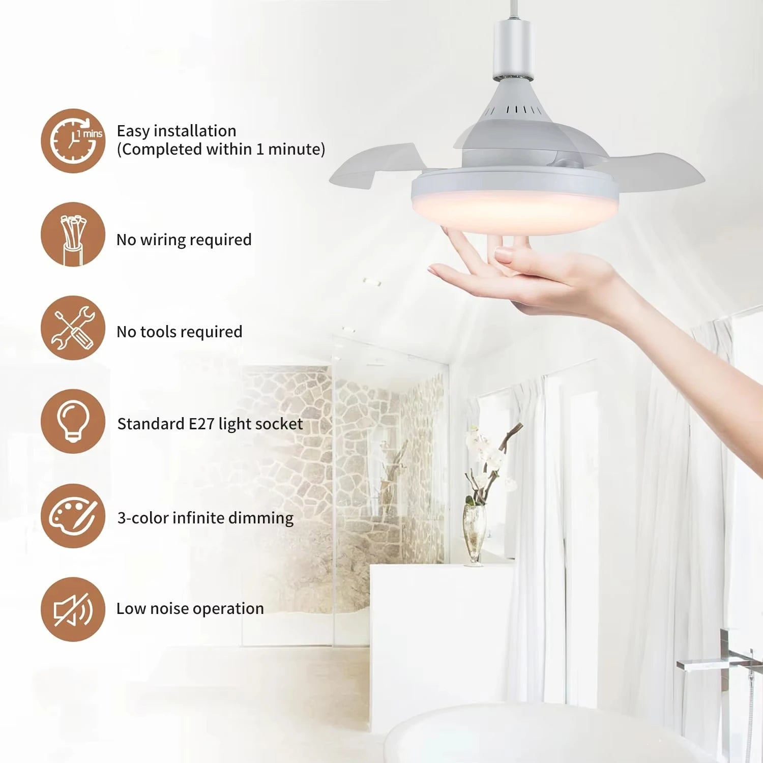Ventilador de Techo Retráctil con Luz LED | Control Remoto, Regulable, Instalación E27